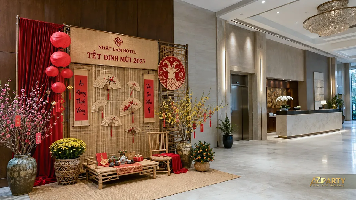 Góc Tết tại sảnh Nhật Lâm Hotel với mành tre, quạt giấy, bàn ghế tre, hoa đào và hoa mai