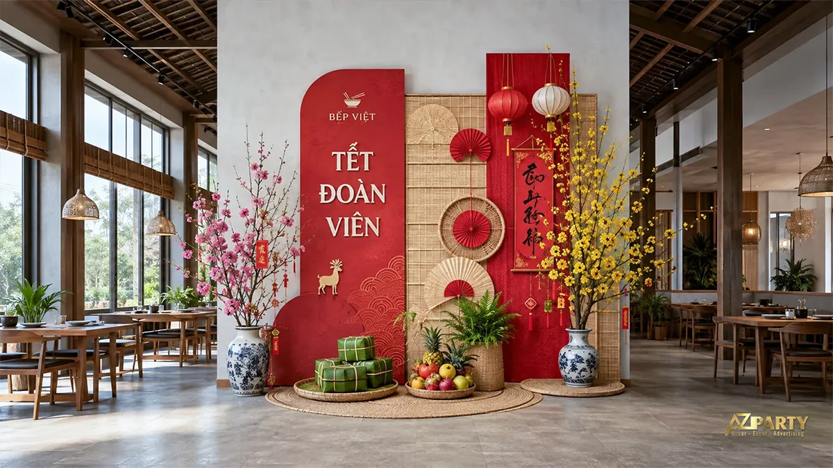 Tiểu cảnh Tết đoàn viên trong nhà hàng Bếp Việt với mành tre, quạt giấy và bánh chưng