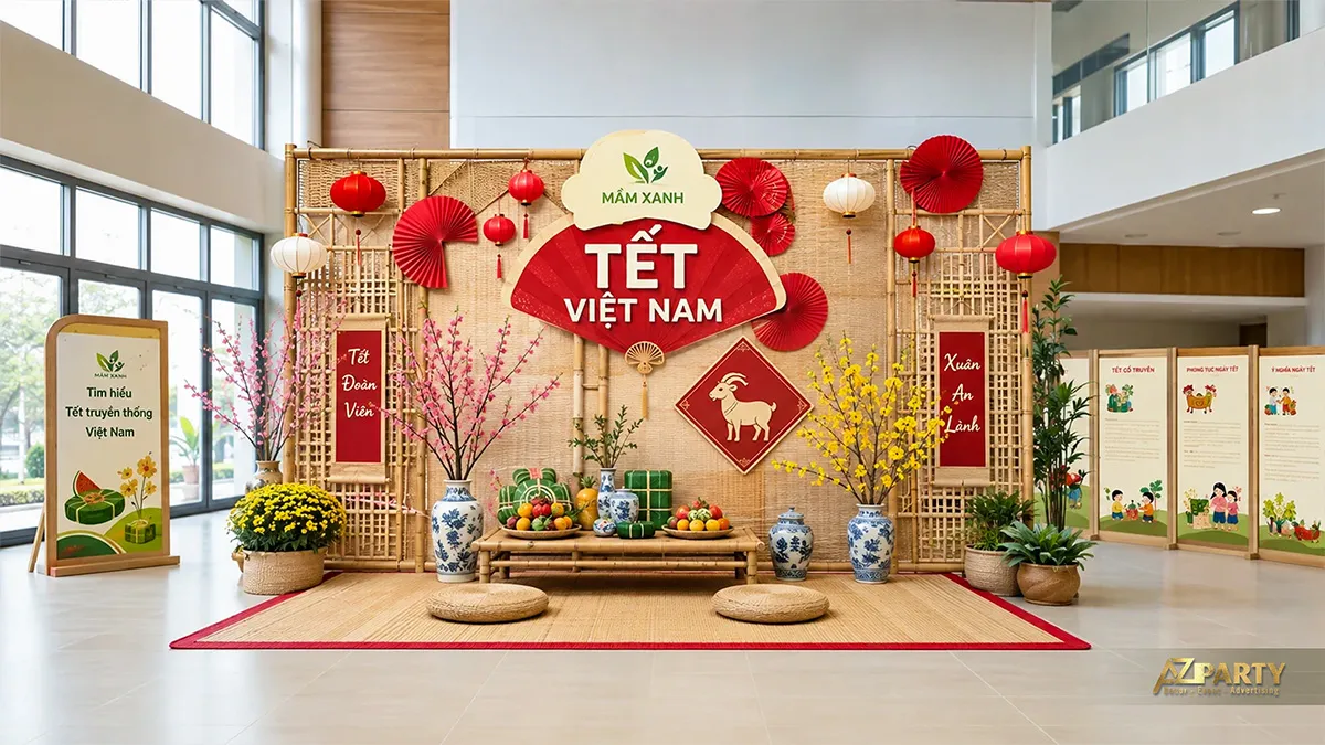 Backdrop Tết Việt Nam tại Trường Mầm Xanh với đèn lồng, mai đào, bánh chưng và bảng giới thiệu