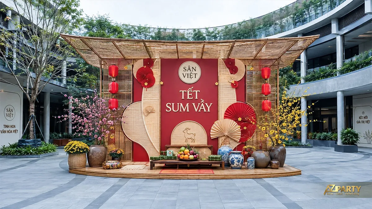 Tiểu cảnh Tết sum vầy ngoài trời với mái tre, quạt giấy, đèn lồng, bàn gỗ và mâm ngũ quả