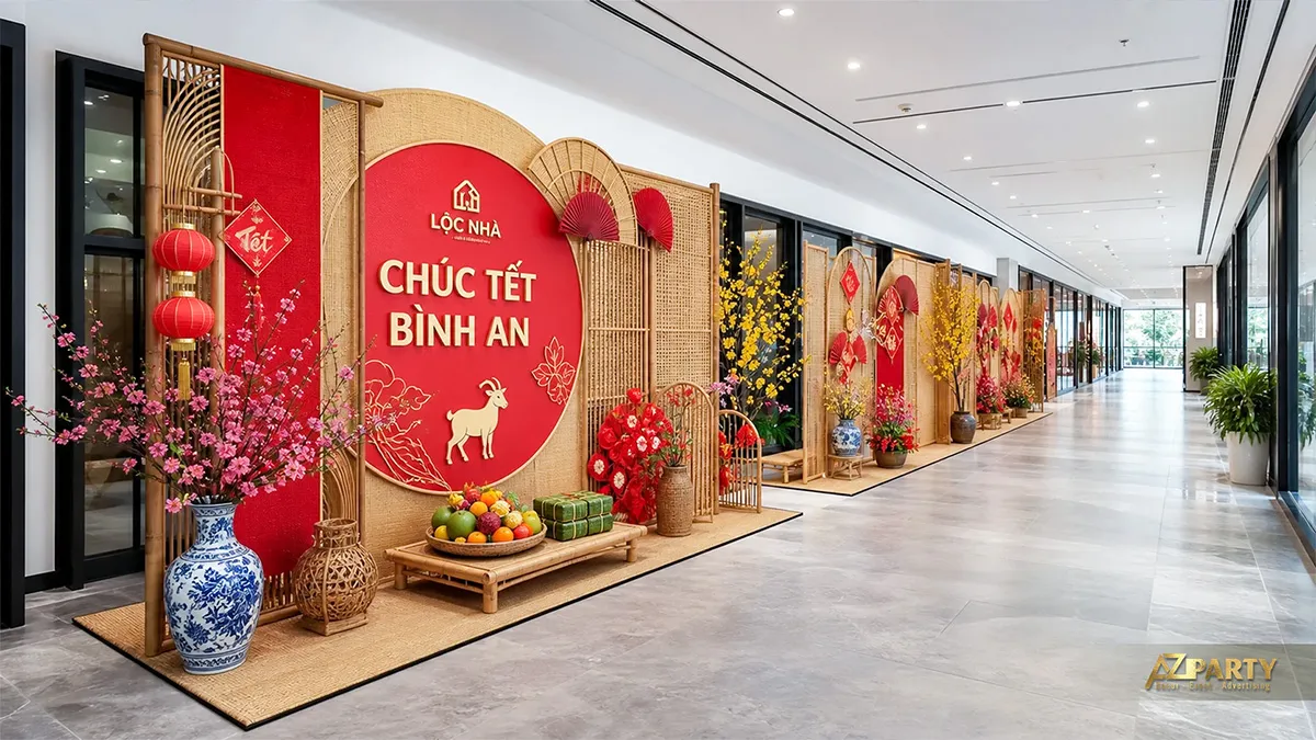 Dãy tiểu cảnh Tết cổ truyền dọc hành lang Lộc Nhà với khung tre, hoa mai đào và bánh chưng