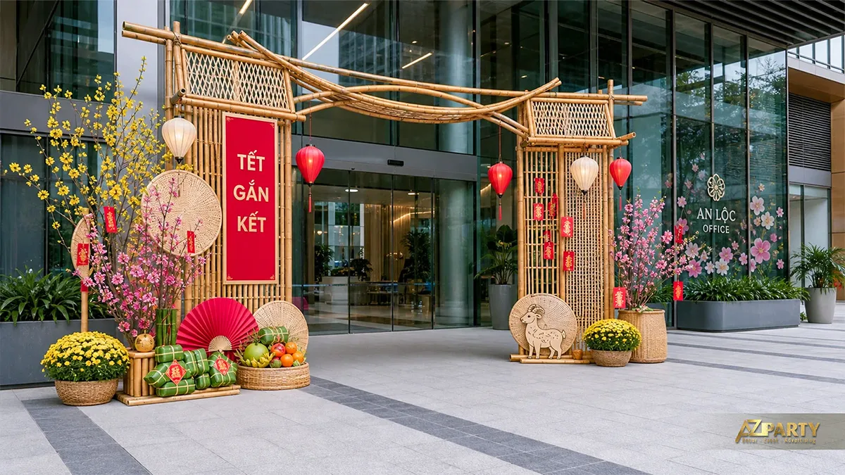 Cổng Tết văn phòng An Lộc bằng tre uốn cong với đèn lồng, quạt giấy, hoa cúc và mâm quả