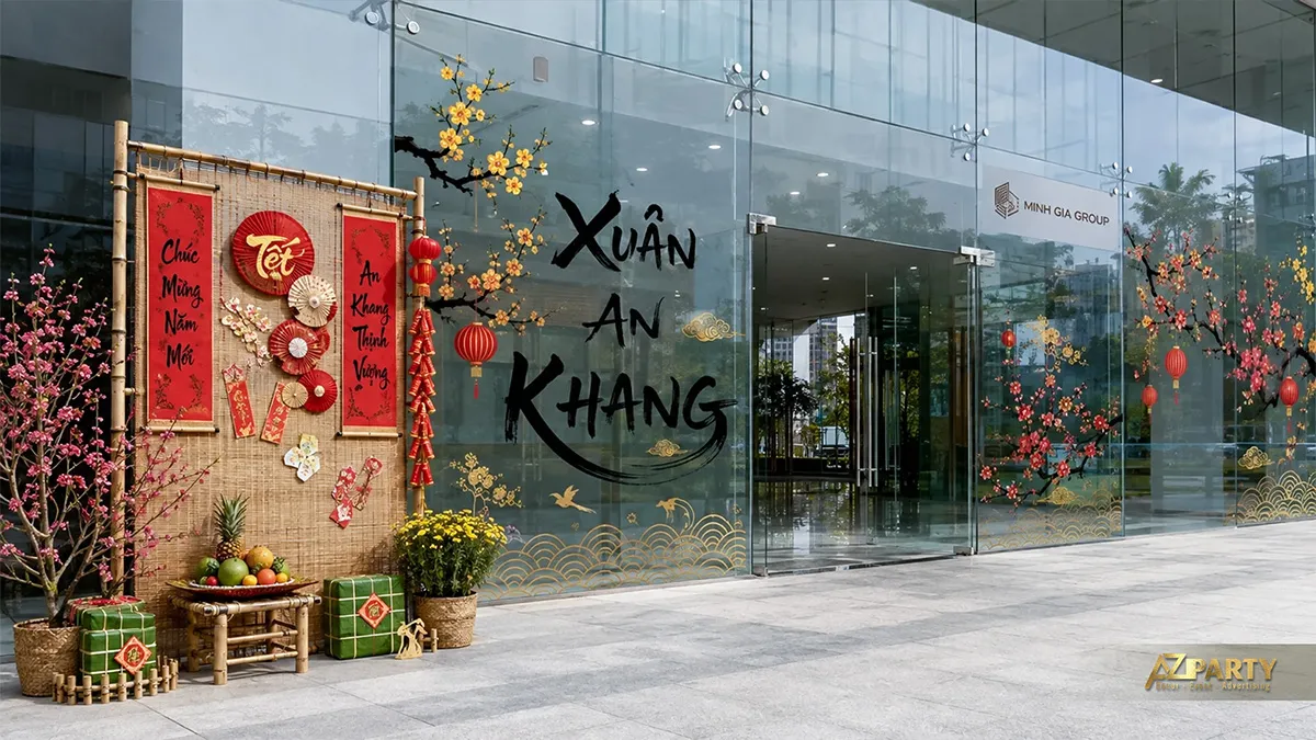 Mặt kính Minh Gia Group trang trí decal mai đào, câu chúc Xuân An Khang và góc tre nhỏ