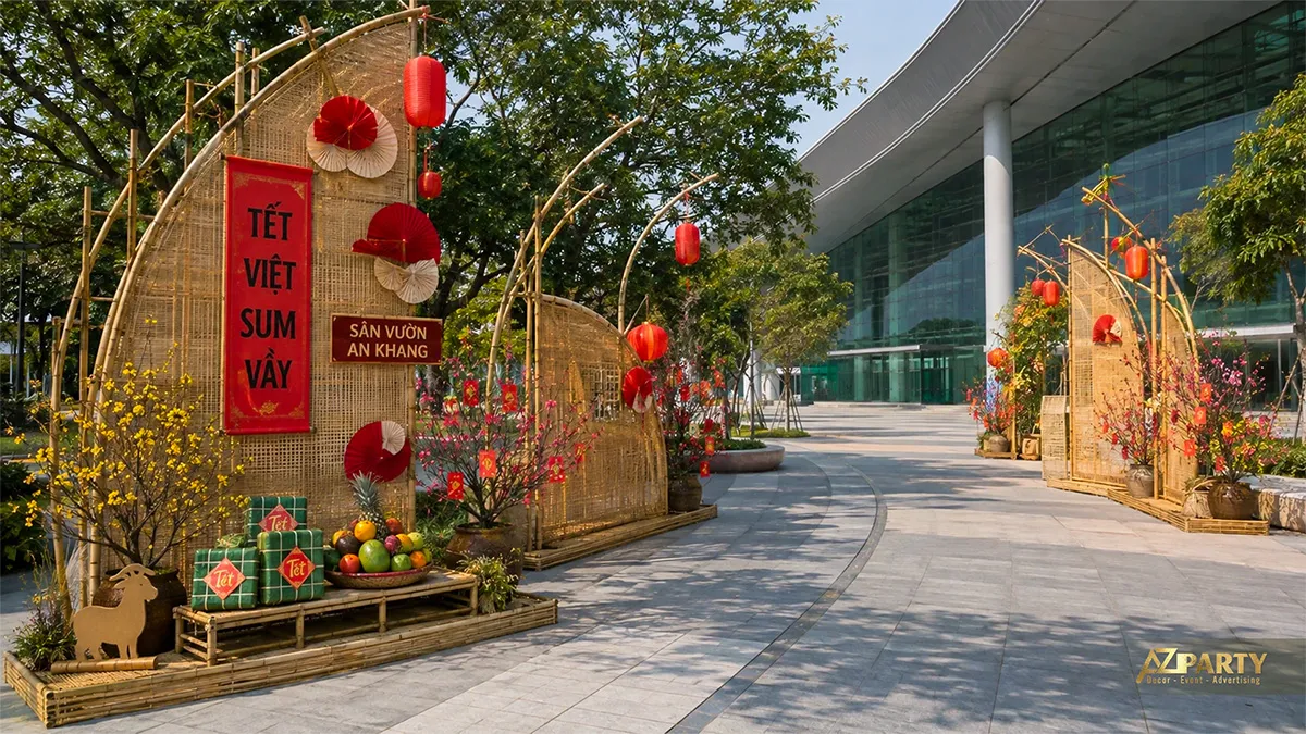 Lối đi sân vườn trang trí các cụm tre uốn cong, đèn lồng, quạt giấy, hoa mai và bánh chưng