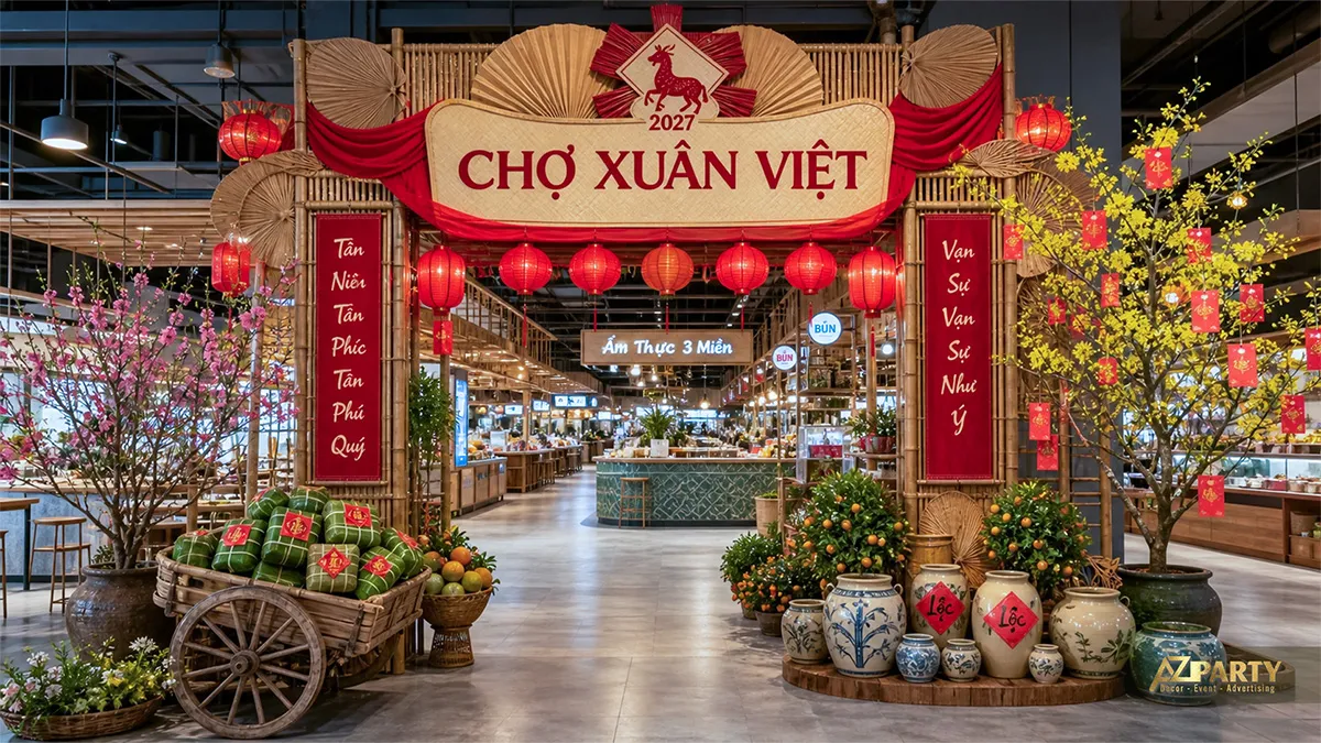 Cổng Chợ Xuân Việt bằng tre với xe chở bánh chưng, đèn lồng, mai đào, cây quất và chum gốm
