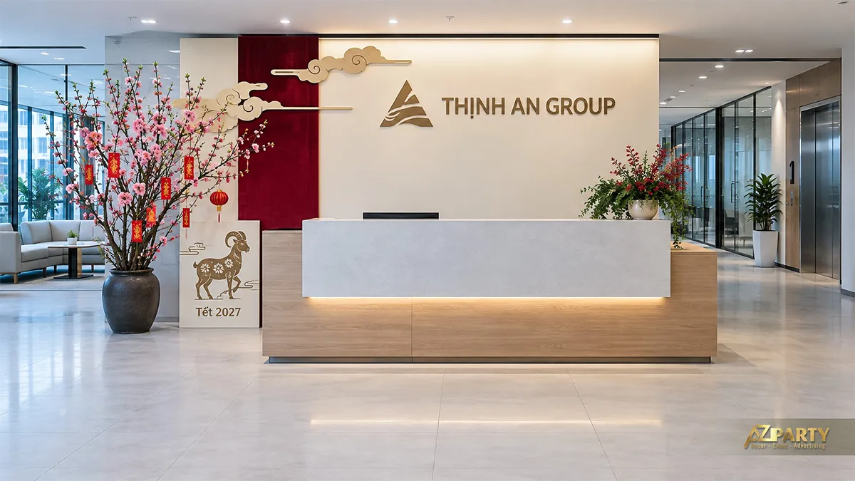 Bình đào cạnh quầy lễ tân Thịnh An