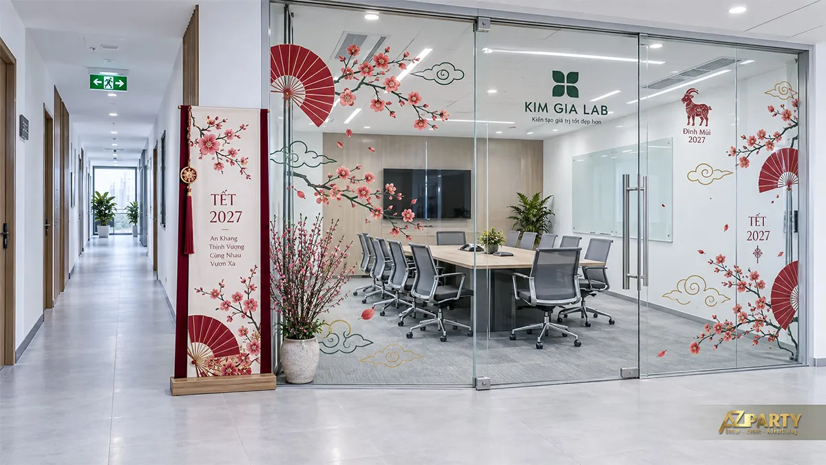 Cửa kính phòng họp điểm quạt đỏ và hoa vàng