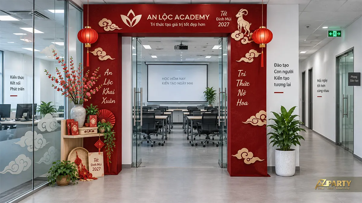 Cổng phòng đào tạo An Lộc với mai vàng