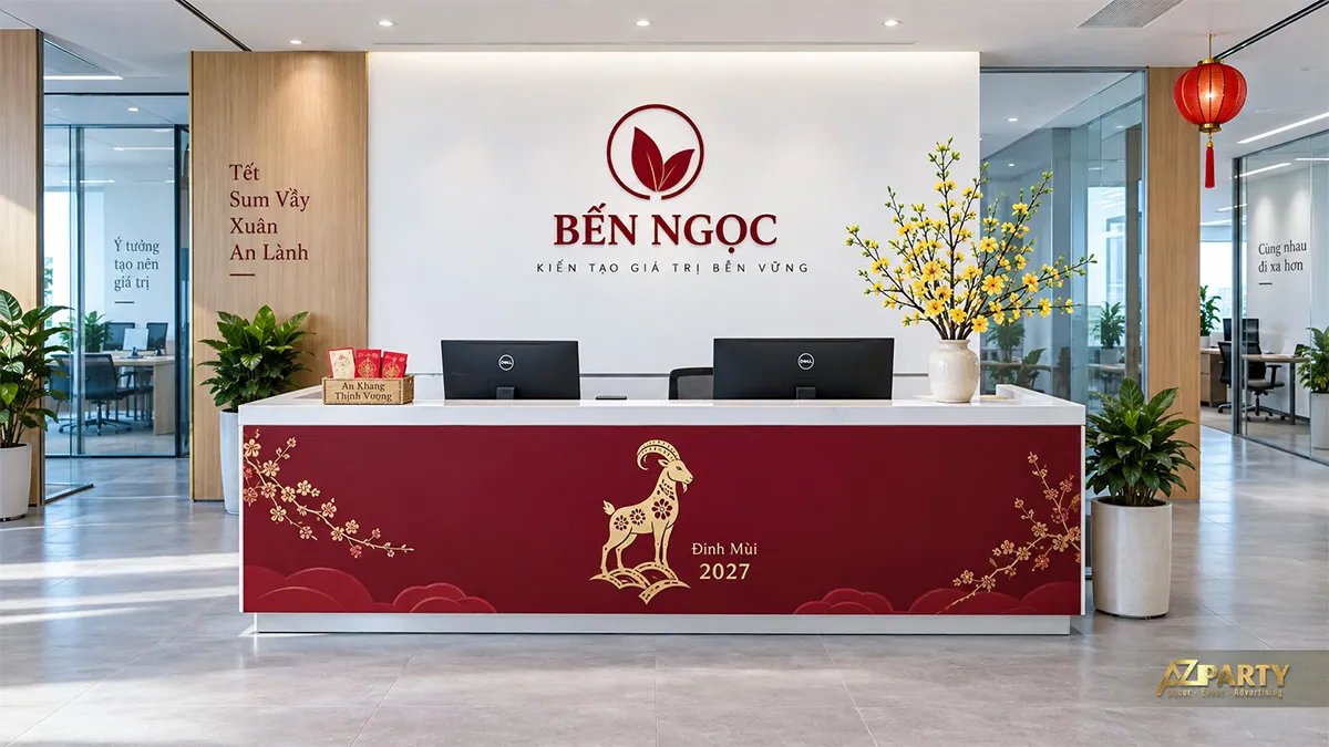 Quầy lễ tân Bến Ngọc với bình hoa hồng
