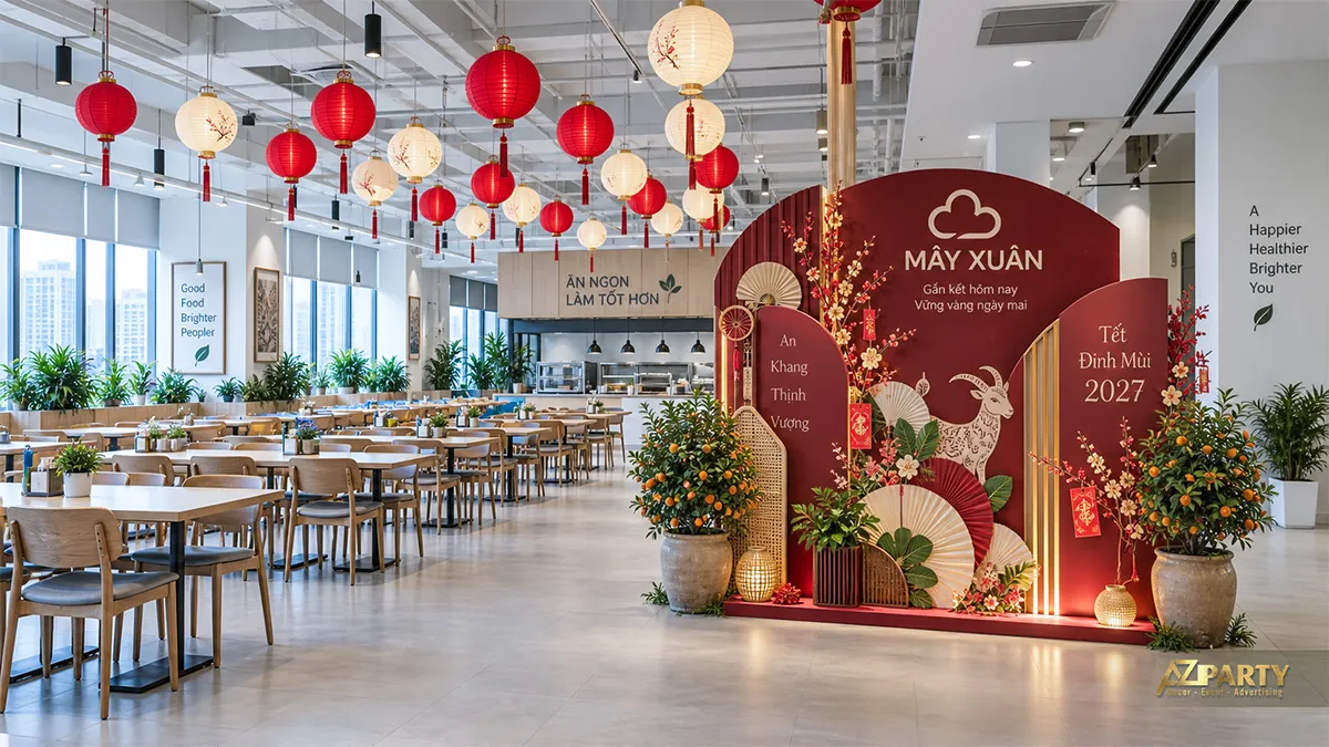 Khu căng tin treo đèn lồng đỏ kem