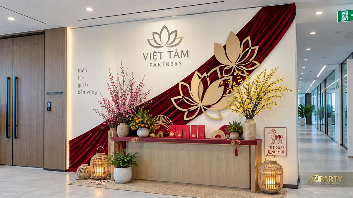Mảng logo Việt Tâm với rèm đỏ và hoa mai