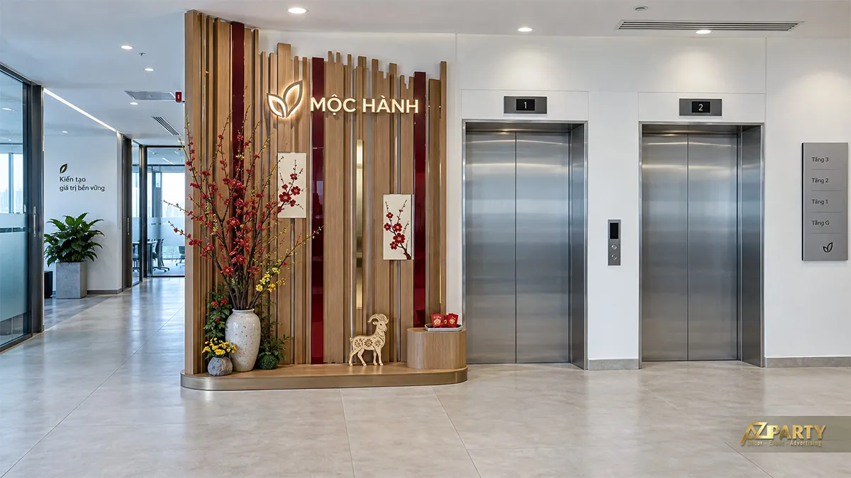 Cụm nan gỗ và bình hoa cạnh thang máy