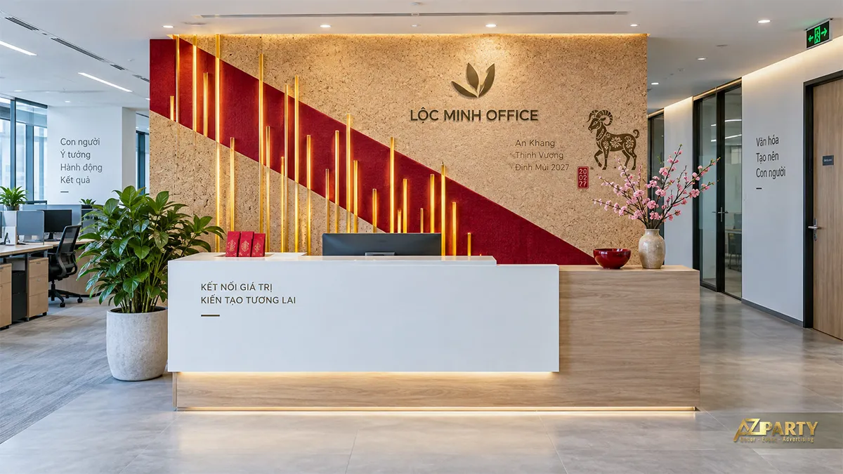 Mảng đỏ vàng sau quầy lễ tân Lộc Minh