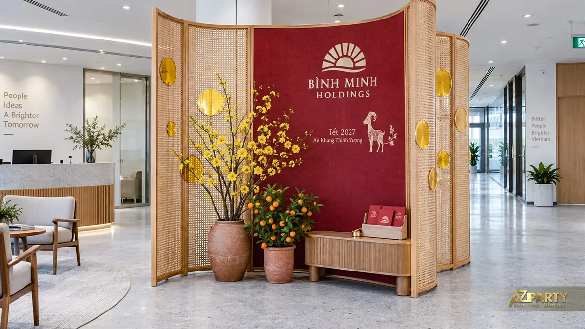 Backdrop mây tre đỏ cạnh ghế sofa