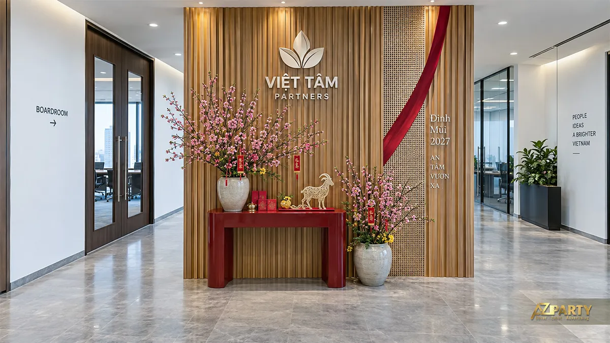 Bàn console đỏ và hai bình đào trong hành lang