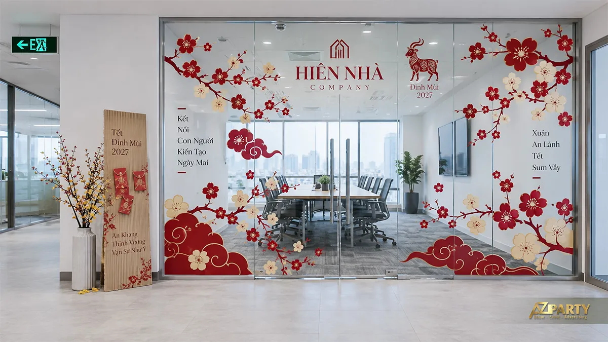 Cửa kính phòng họp dán cành hoa đào
