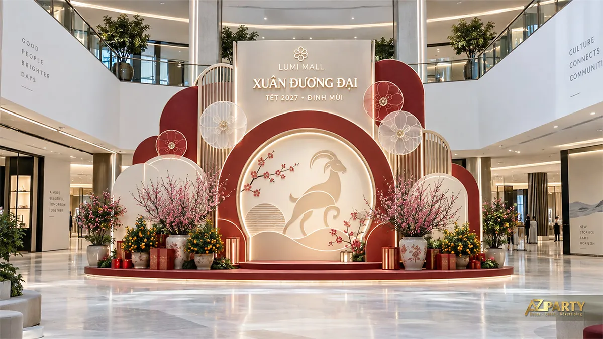 Mẫu trang trí Tết hiện đại tại sảnh trung tâm thương mại với vách tròn kem đỏ, linh vật dê và hoa đào