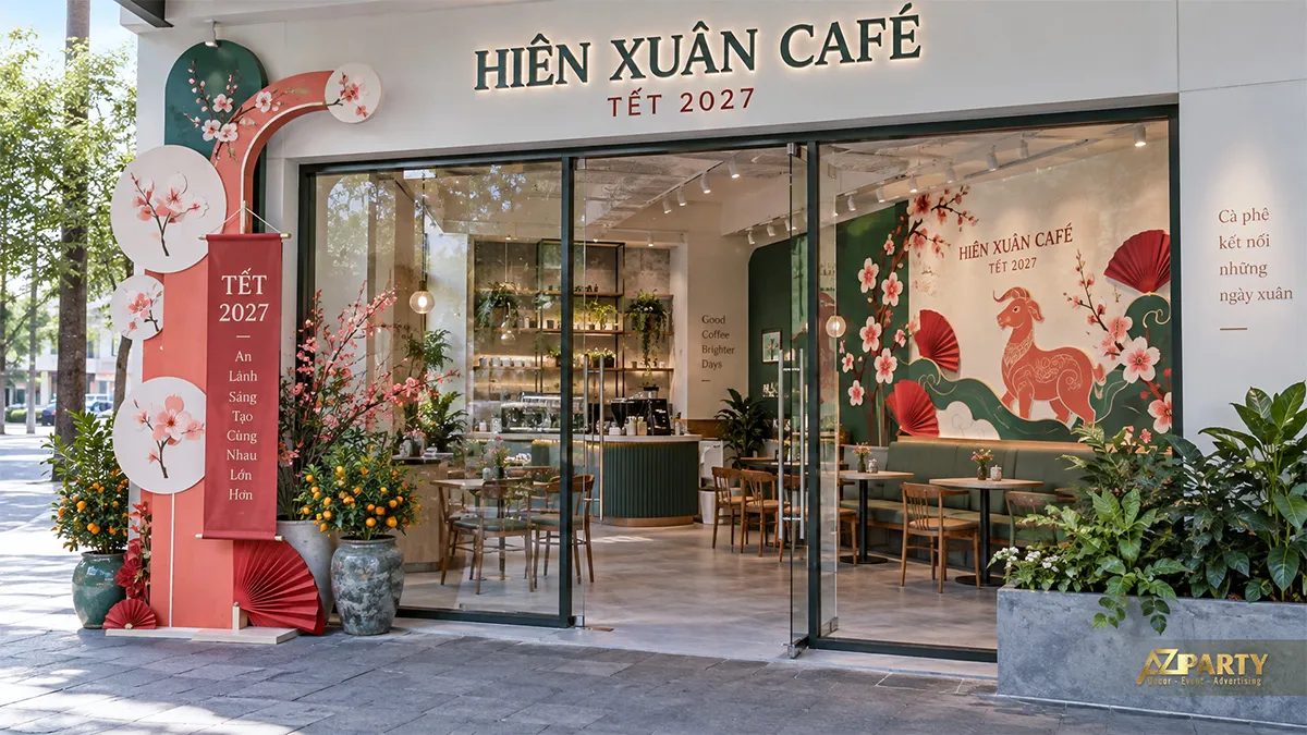 Mặt tiền quán cà phê trang trí Tết hiện đại bằng mảng bo cong đỏ xanh, hoa đào và linh vật dê