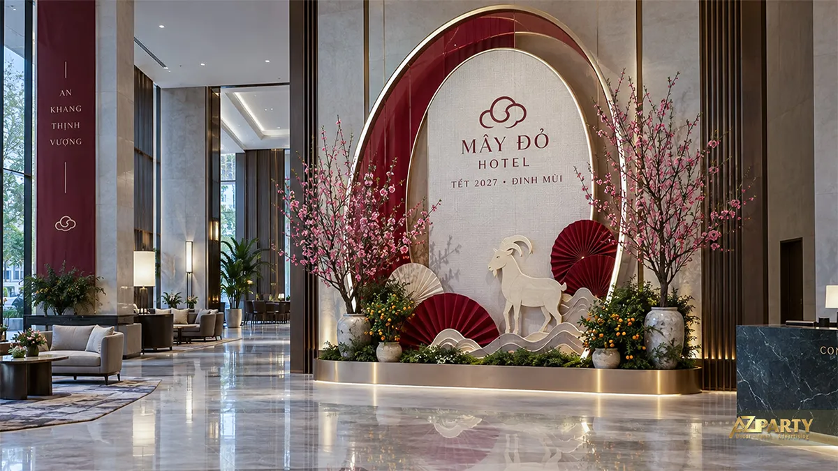 Không gian check-in Tết hiện đại tại sảnh khách sạn với cổng vòm đỏ kem, linh vật dê và hai cây đào