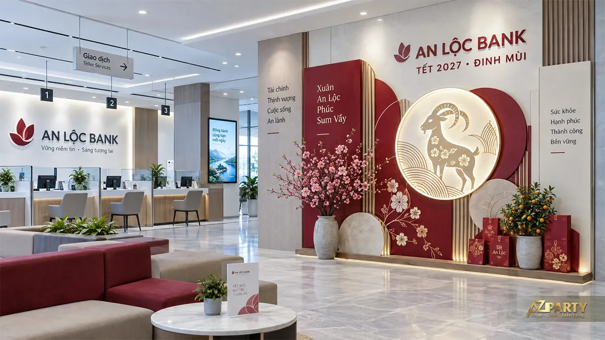 Backdrop Tết hiện đại cho ngân hàng phối đỏ rượu vang, kem, vòng sáng cùng cây đào và chậu quất