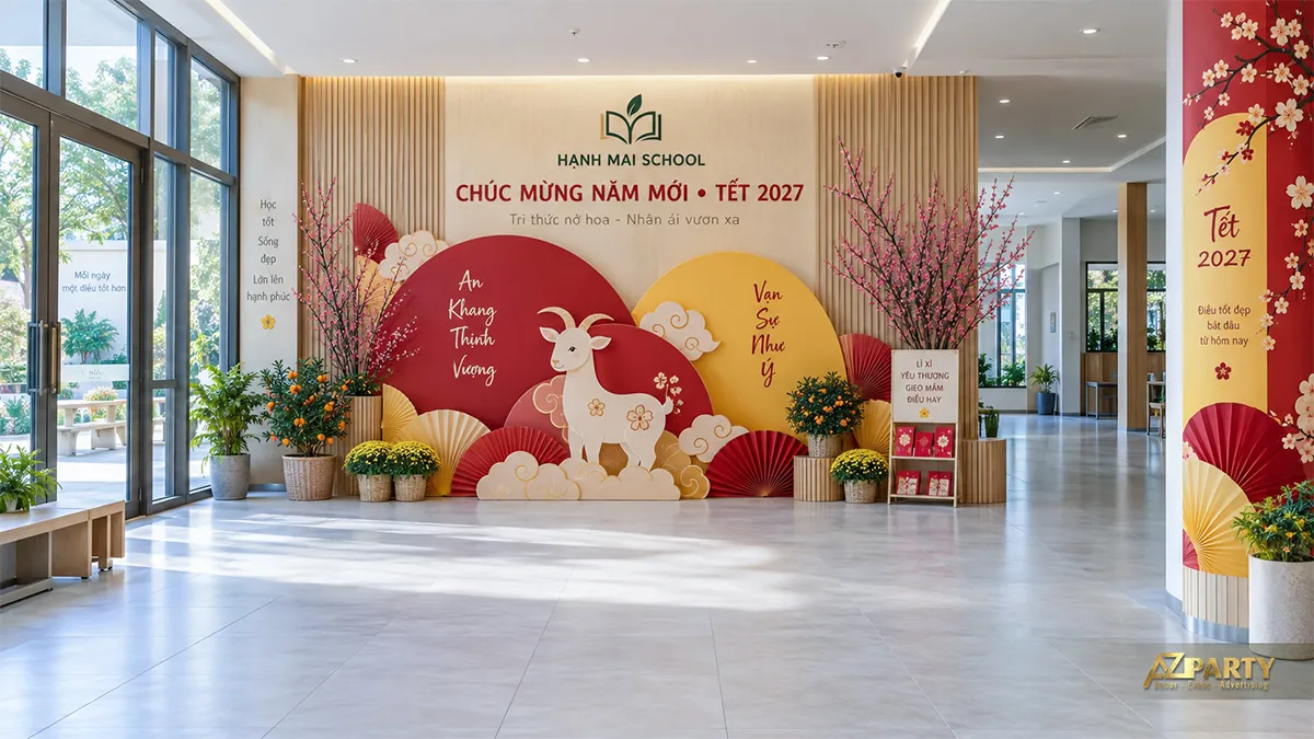 Tiểu cảnh Tết hiện đại tại trường học với vách bo cong, linh vật dê, hoa đào, quất và hoa cúc