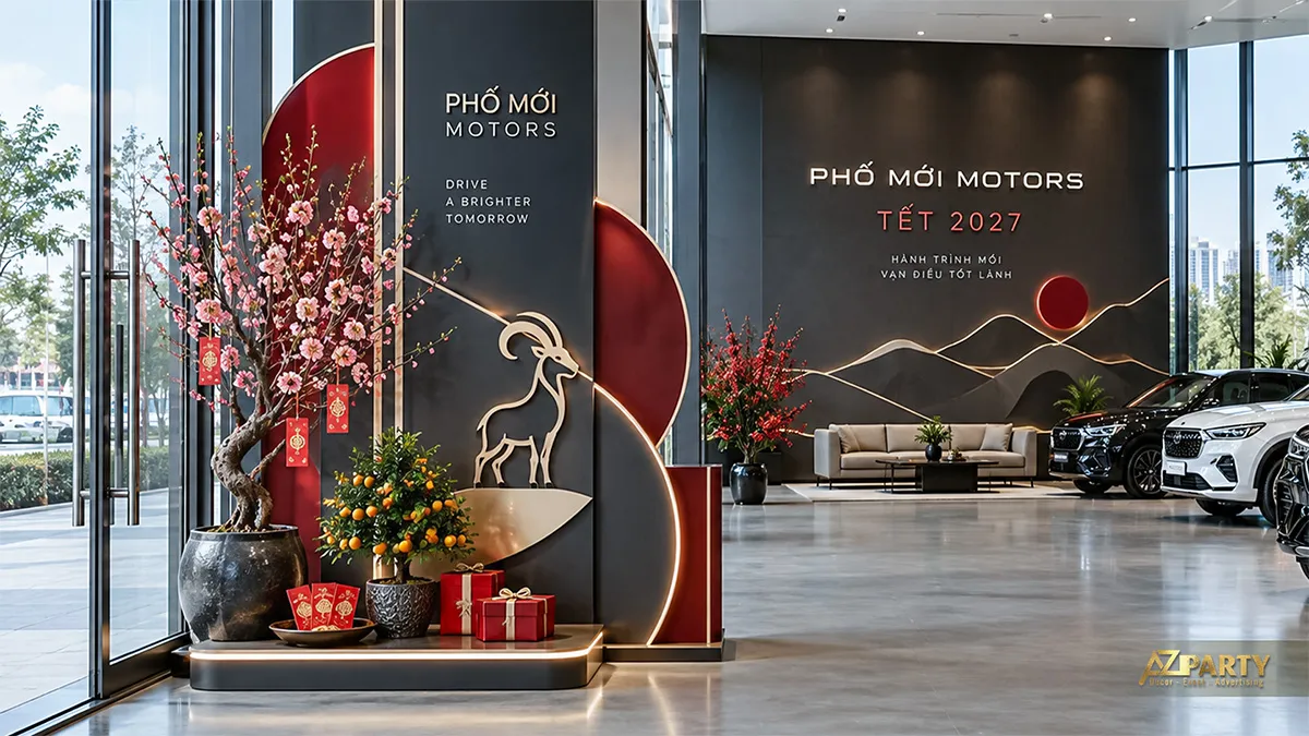 Backdrop Tết hiện đại trong showroom ô tô phối đỏ rượu vang, xám than, đường sáng và linh vật dê