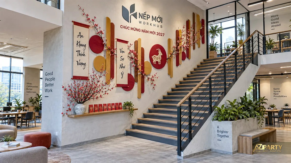 Góc Tết hiện đại dưới cầu thang văn phòng với nan gỗ, vòng tròn linh vật dê và câu đối đỏ