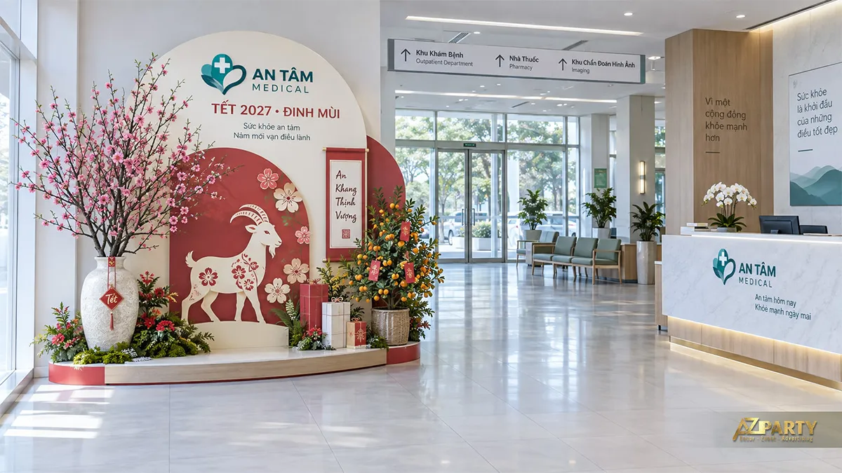 Tiểu cảnh Tết 2027 tại sảnh phòng khám với vách bo tròn, dê trắng, bình đào và cây quất