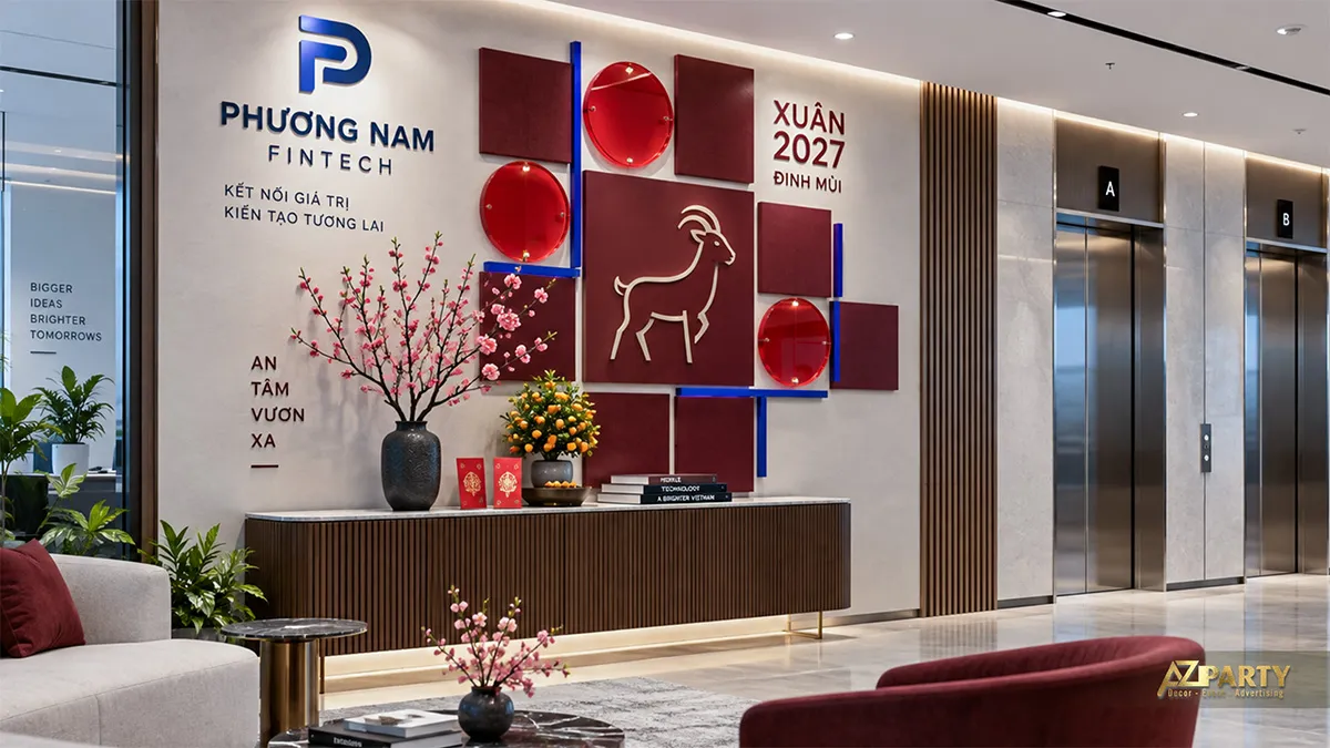 Mảng tường Tết tối giản tại sảnh văn phòng với các ô đỏ, đèn tròn, linh vật dê và bình đào