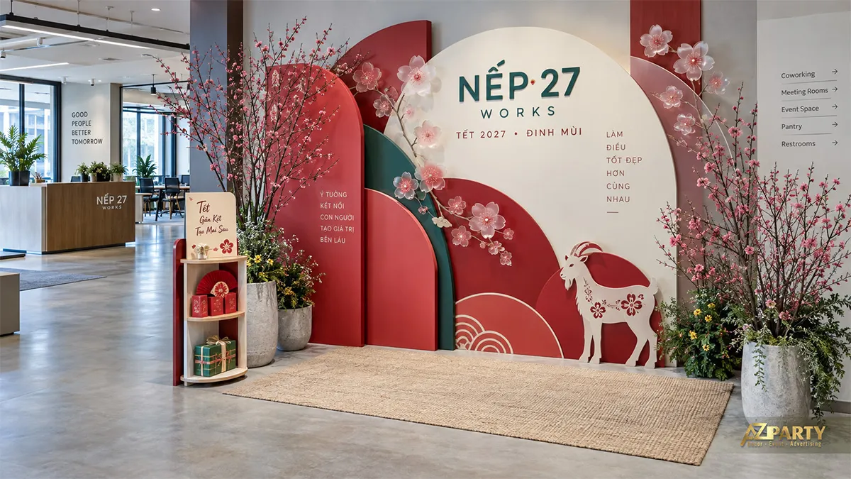 Backdrop chụp ảnh Tết hiện đại tại không gian làm việc chung với mảng bo cong đỏ xanh và hoa nổi
