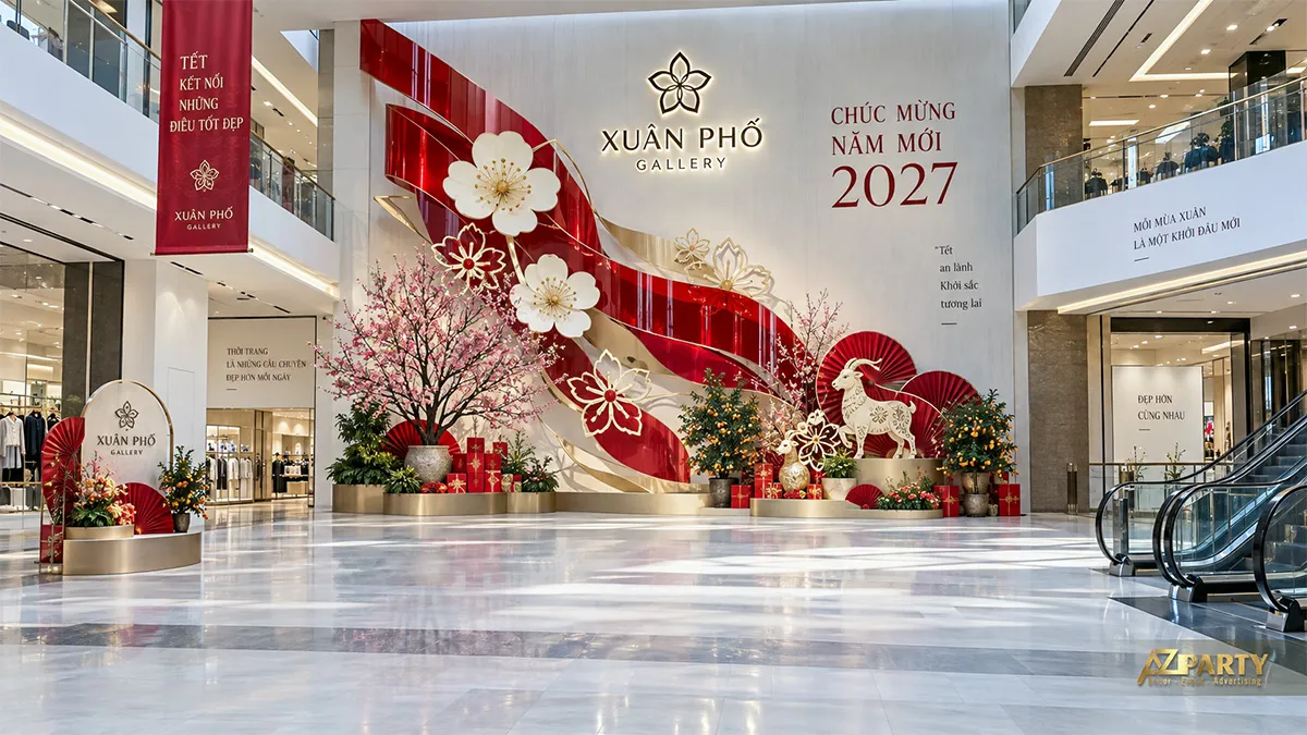 Tiểu cảnh Tết hiện đại tại trung tâm thương mại với dải lụa đỏ ánh kim, hoa mai, dê và cây đào