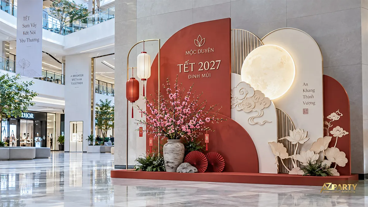 Backdrop Tết hiện đại phối đỏ kem tại sảnh thương mại với trăng sáng, mây nổi, hoa sen và đào