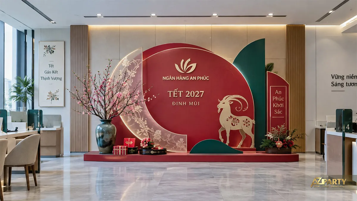 Backdrop Tết hiện đại tại ngân hàng với vách tròn đỏ xanh, đường sáng, dê vàng và bình đào