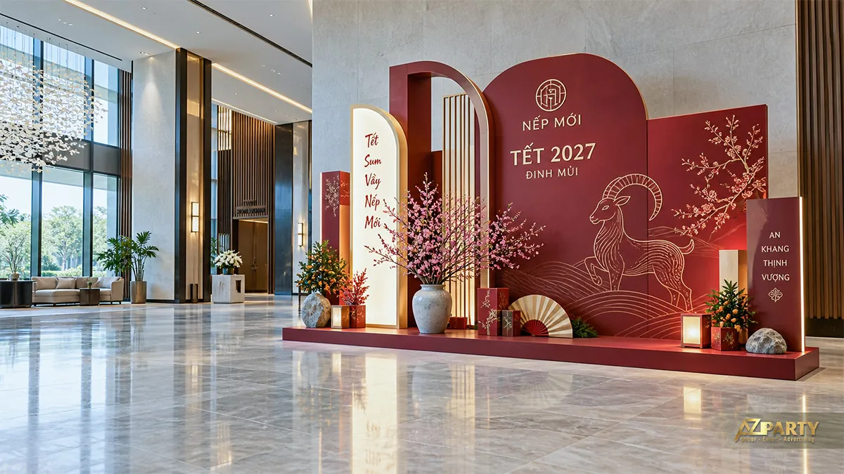 Tiểu cảnh Tết 2027 tại đại sảnh với vách đỏ rượu vang, nét vẽ linh vật dê, đào, quất và đèn hắt