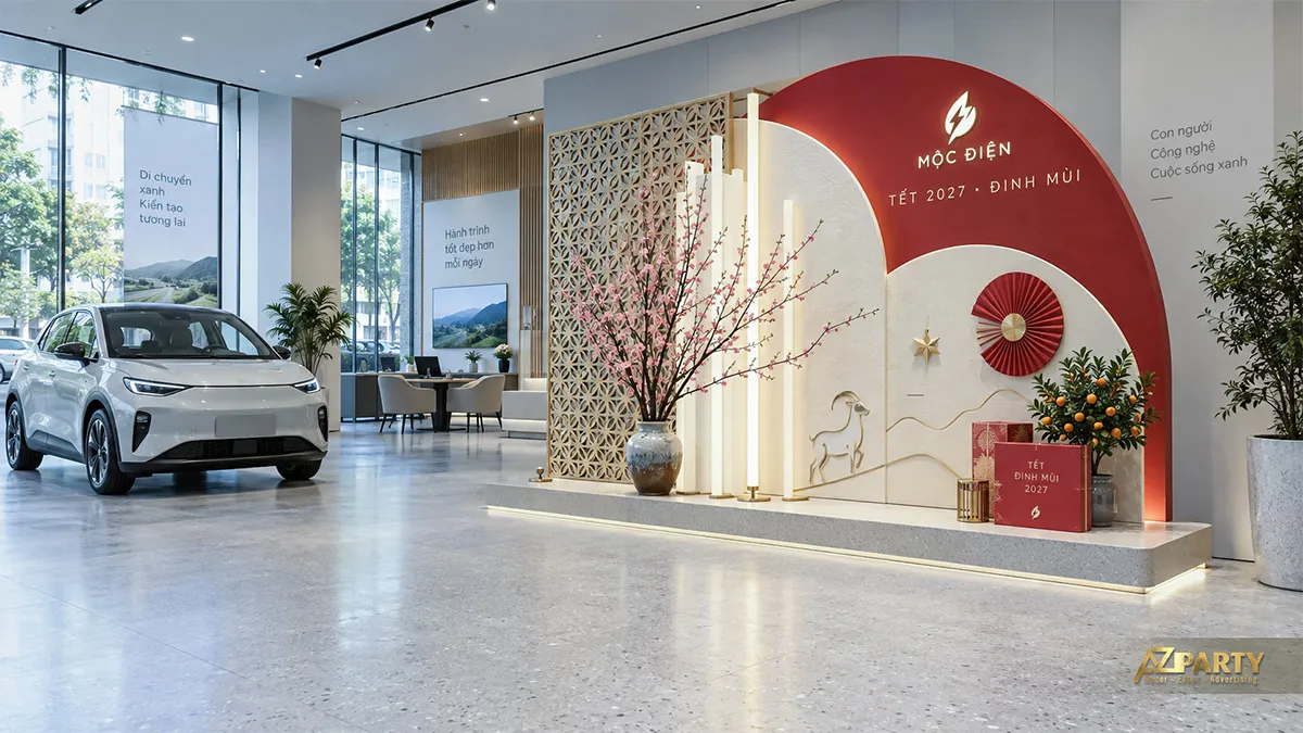 Backdrop Tết trong showroom xe điện với mảng tròn đỏ kem, vách hoa văn, bình đào và chậu quất