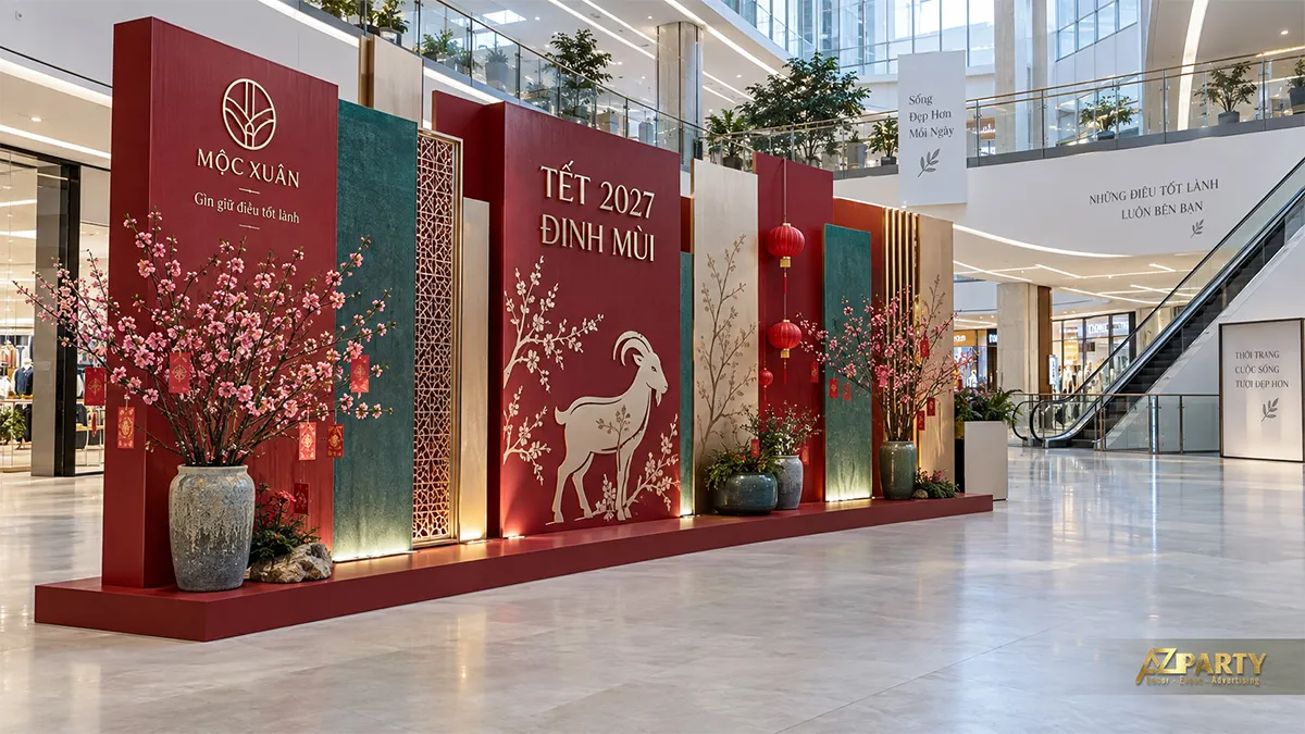 Backdrop Tết hiện đại quy mô lớn tại sảnh thương mại phối đỏ xanh, đèn hắt, linh vật dê và đào