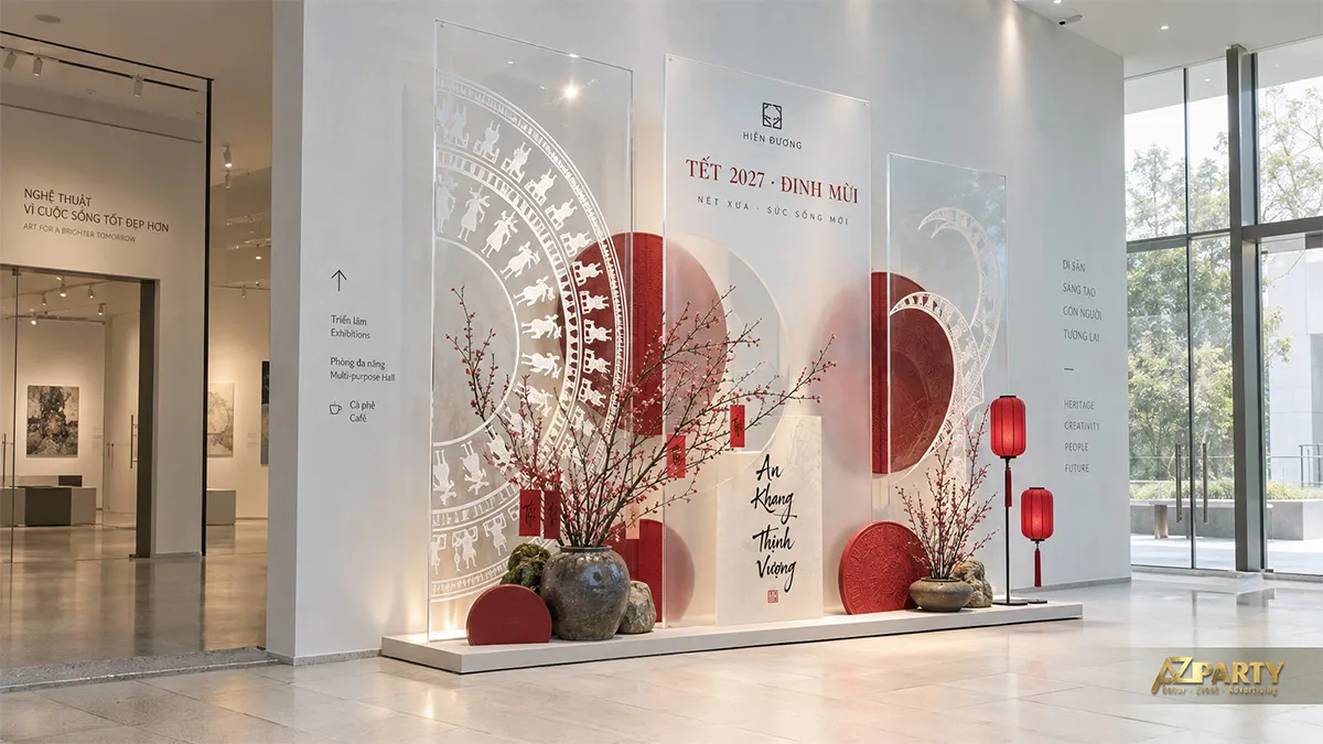 Góc check-in Tết phong cách tối giản với tấm acrylic trong, họa tiết trống đồng và đèn lồng đỏ