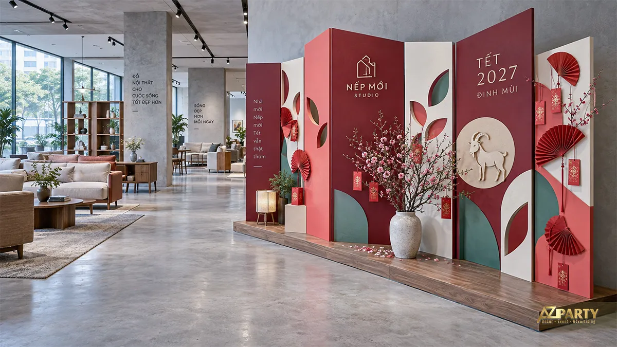 Backdrop Tết tại showroom nội thất với các mảng gấp đỏ hồng xanh, quạt giấy và linh vật dê nổi