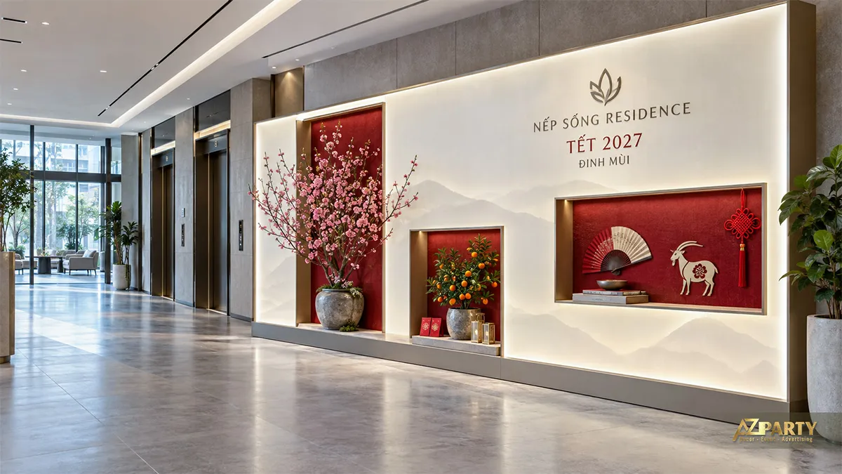 Mảng tường Tết hiện đại tại sảnh căn hộ với các hốc trưng bày đào, quất, quạt giấy và linh vật dê