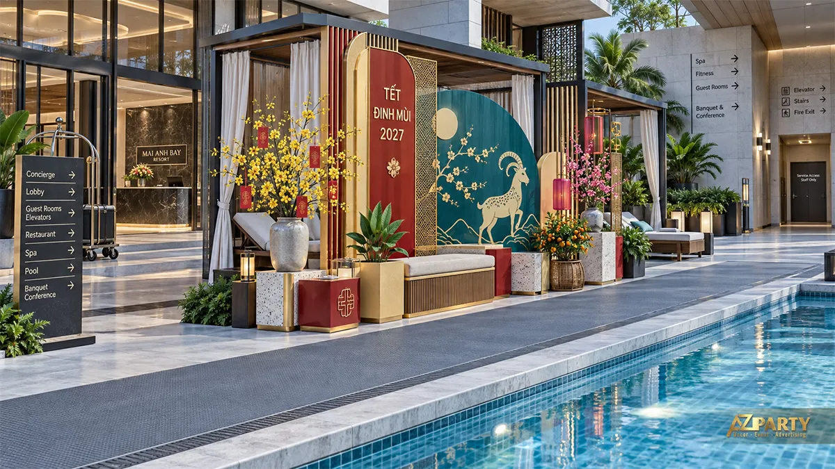 Góc Tết bên hồ bơi