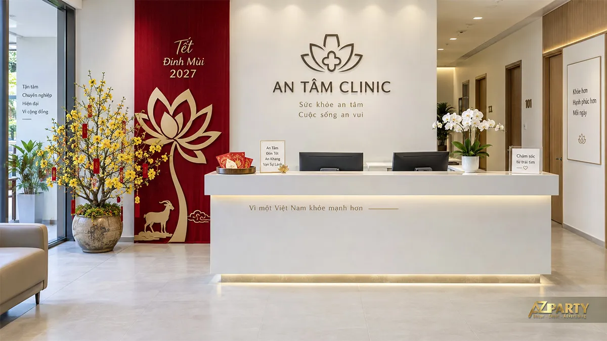 Mảng hoa sen đỏ bên quầy lễ tân An Tâm