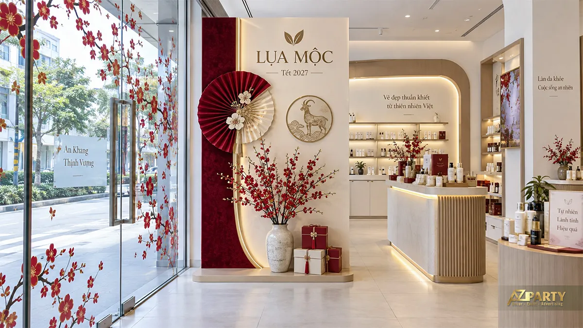 Khung cửa hàng Lụa Mộc với bình đào hồng