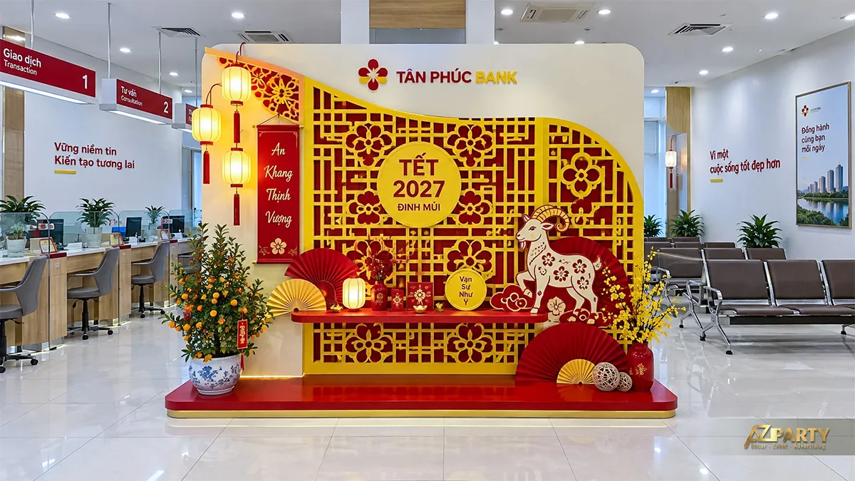 Backdrop hoa và khung lưới tại quầy ngân hàng