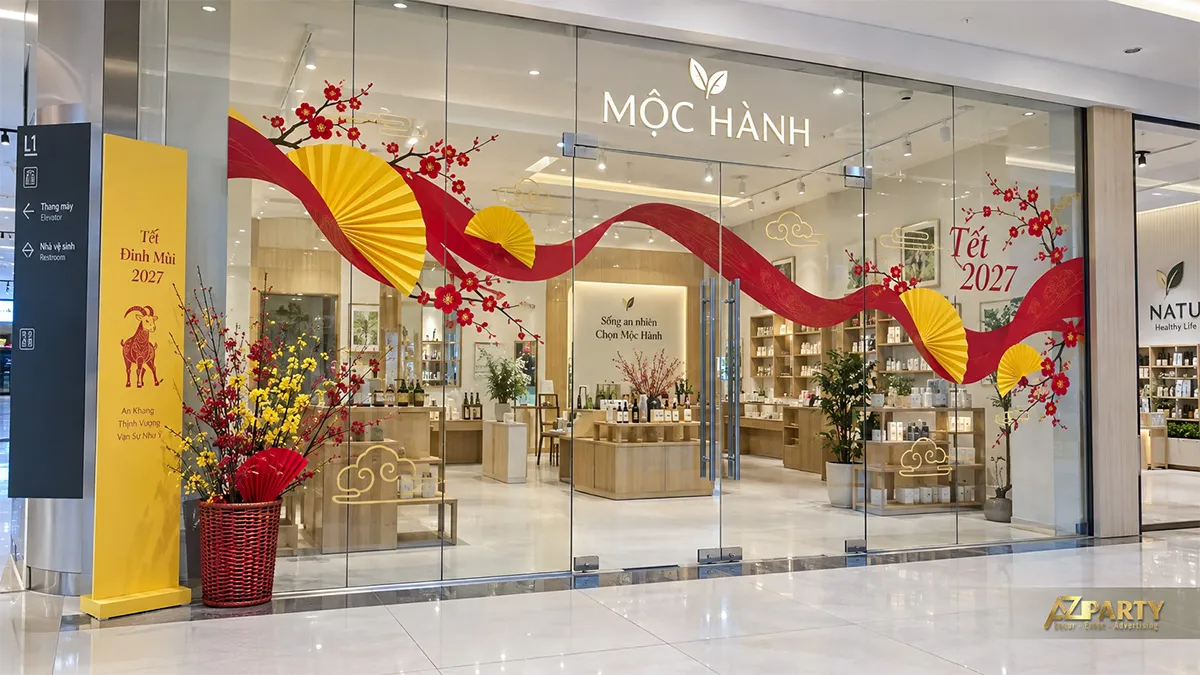Mặt kính cửa hàng Mộc Hành với dải đỏ uốn cong