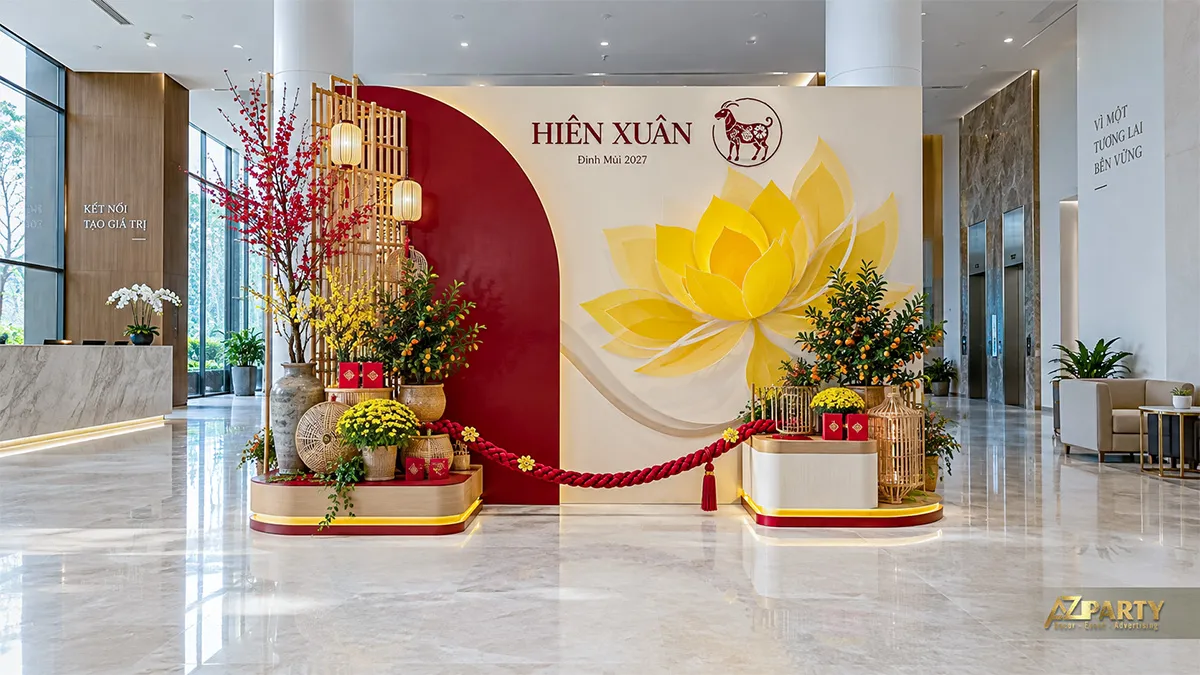 Vách hoa sen đỏ vàng tại sảnh Hiền Xuân