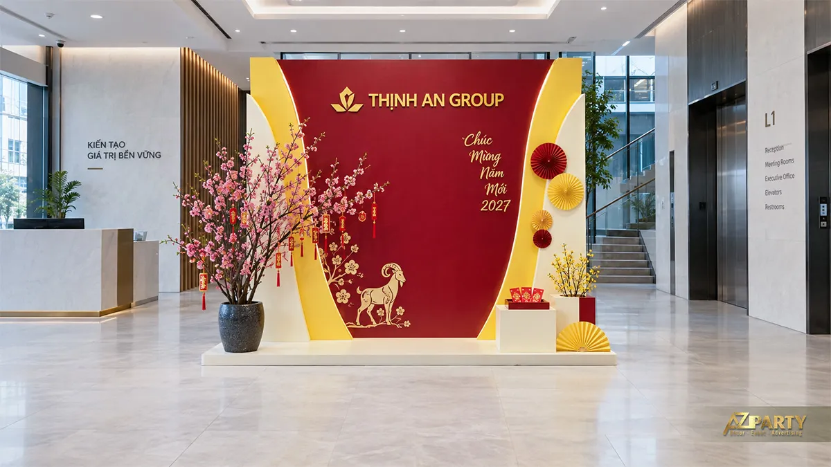 Backdrop đỏ kem sau quầy lễ tân Thịnh An