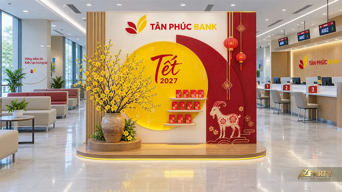 Vách tròn vàng cạnh bàn chúc Tết ngân hàng