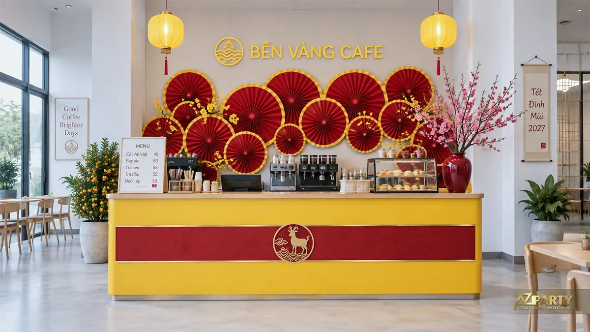 Mảng quạt đỏ sau quầy cà phê