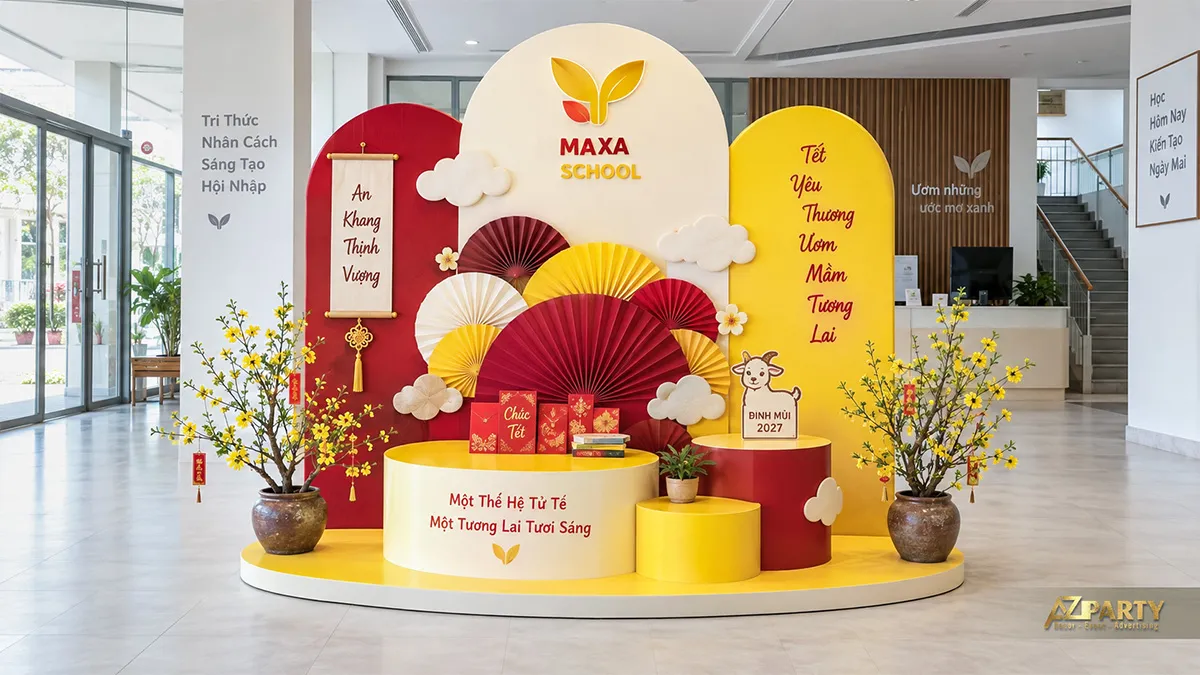 Backdrop trường học với quạt mây tre và mai vàng