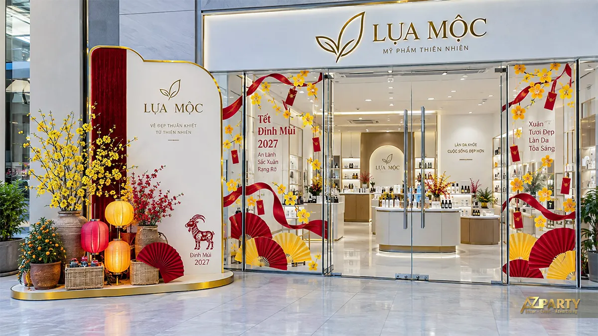 Khung kính cửa hàng Lụa Mộc điểm hoa đào